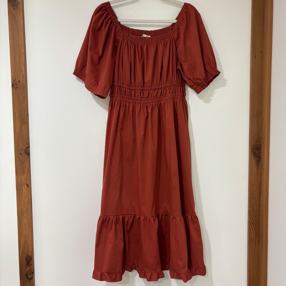 Indigo Rose‎ Dress Womens XL Terracotta Rust Smocked Off Shoulder Ruffle Midi XL